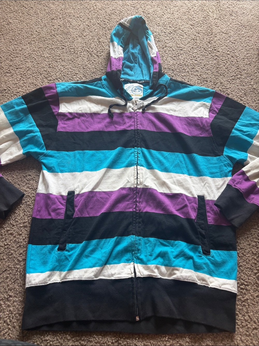 B66 Y2K Neff Striped Hooded Zip Jacket - Blue, Purple, Black, White